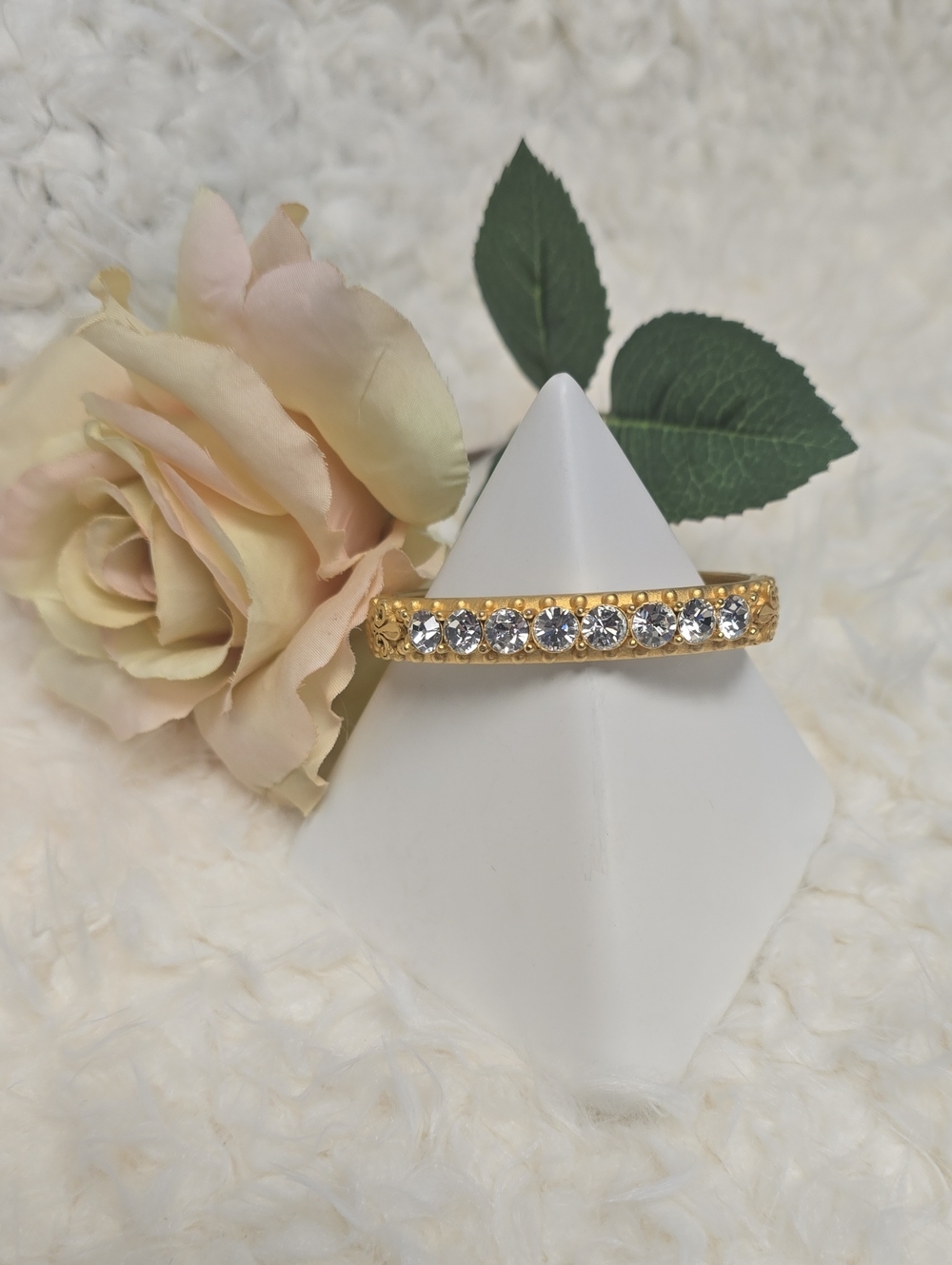 French Kande FDL Bangle Bracelet 24k Gold Plated Austrian Crystal Cuff